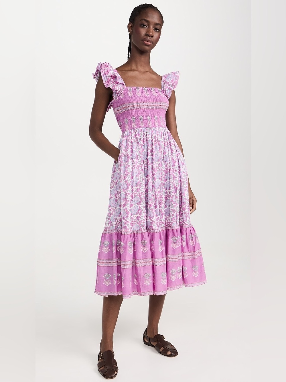 MILLE Olympia Dress Bethwell Pink Floral Smocked Flutter Sleeve Midi Size L